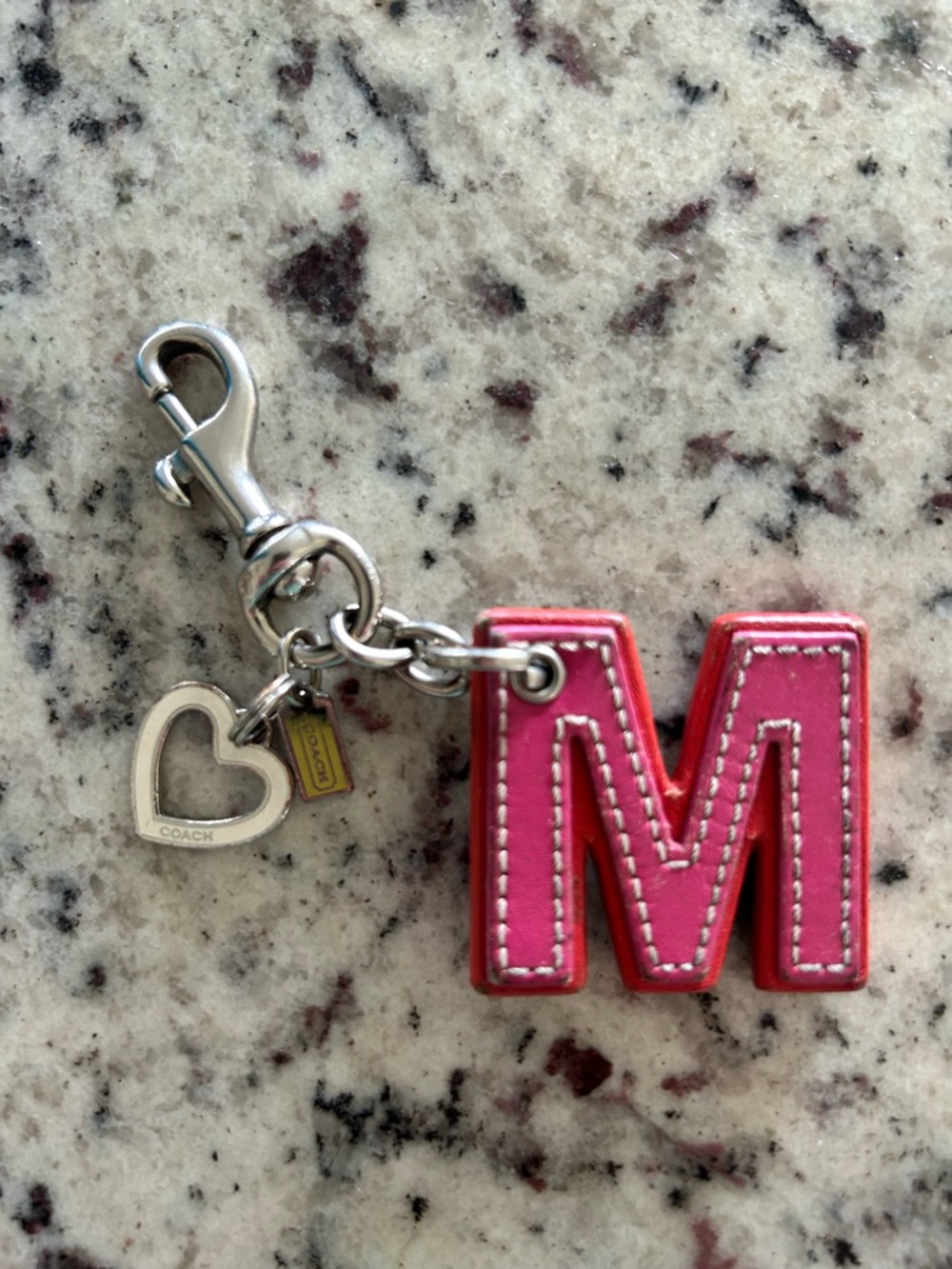 Coach Pink Leather 'M' Key Charm with Silver Heart
